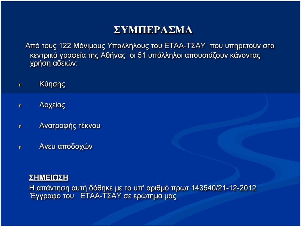 n Κύησης n Λοχείας n Ανατροφής τέκνου n Ανευ αποδοχών ΣΗΜΕΙΩΣΗ Η απάντηση αυτή