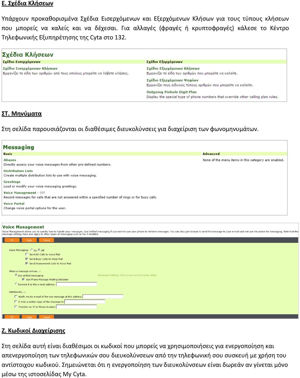 Μηνύματα Στη σελίδα παρουσιάζονται οι διαθέσιμες διευκολύνσεις για διαχείριση των φωνομηνυμάτων. Ζ.