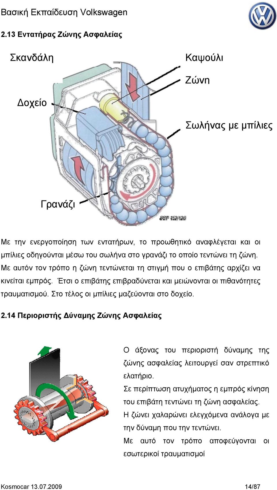 Στο τέλος οι μπίλιες μαζεύονται στο δοχείο. 2.14 Περιοριστής Δύναμης Ζώνης Ασφαλείας Ο άξονας του περιοριστή δύναμης της ζώνης ασφαλείας λειτουργεί σαν στρεπτικό ελατήριο.