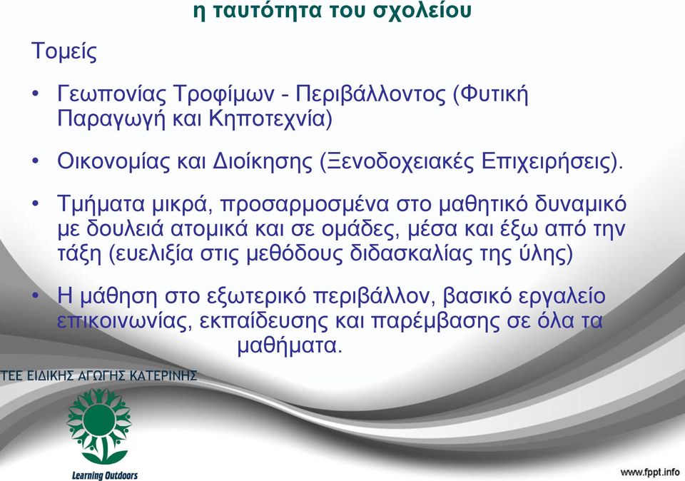 Τμήματα μικρά, προσαρμοσμένα στο μαθητικό δυναμικό με δουλειά ατομικά και σε ομάδες, μέσα και έξω από την