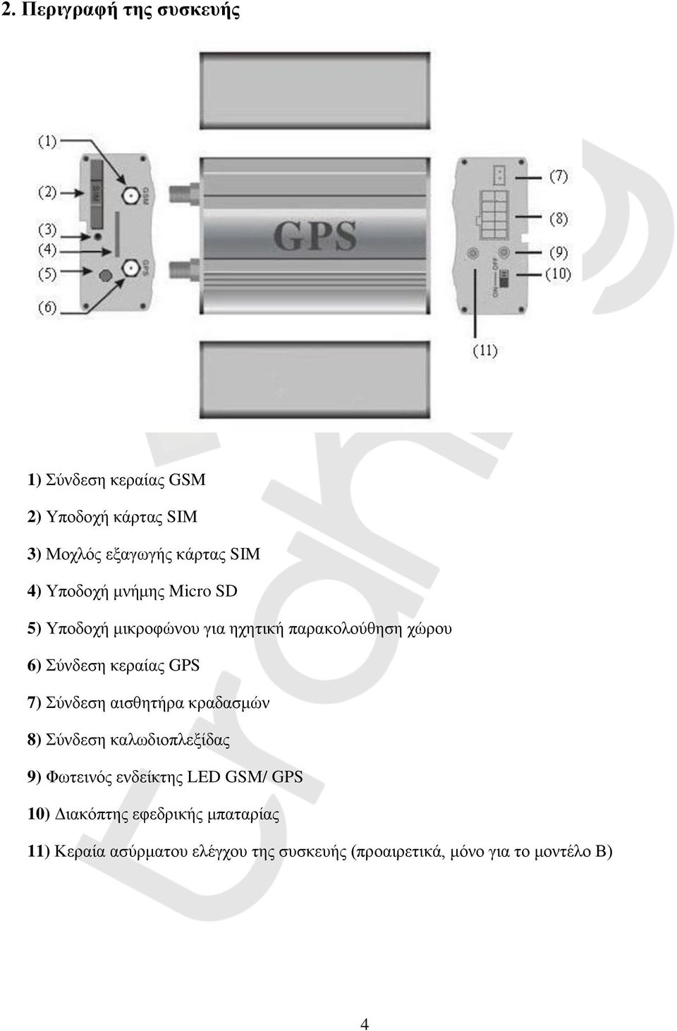 GPS 7) Σύνδεση αισθητήρα κραδασμών 8) Σύνδεση καλωδιοπλεξίδας 9) Φωτεινός ενδείκτης LED GSM/ GPS 10)