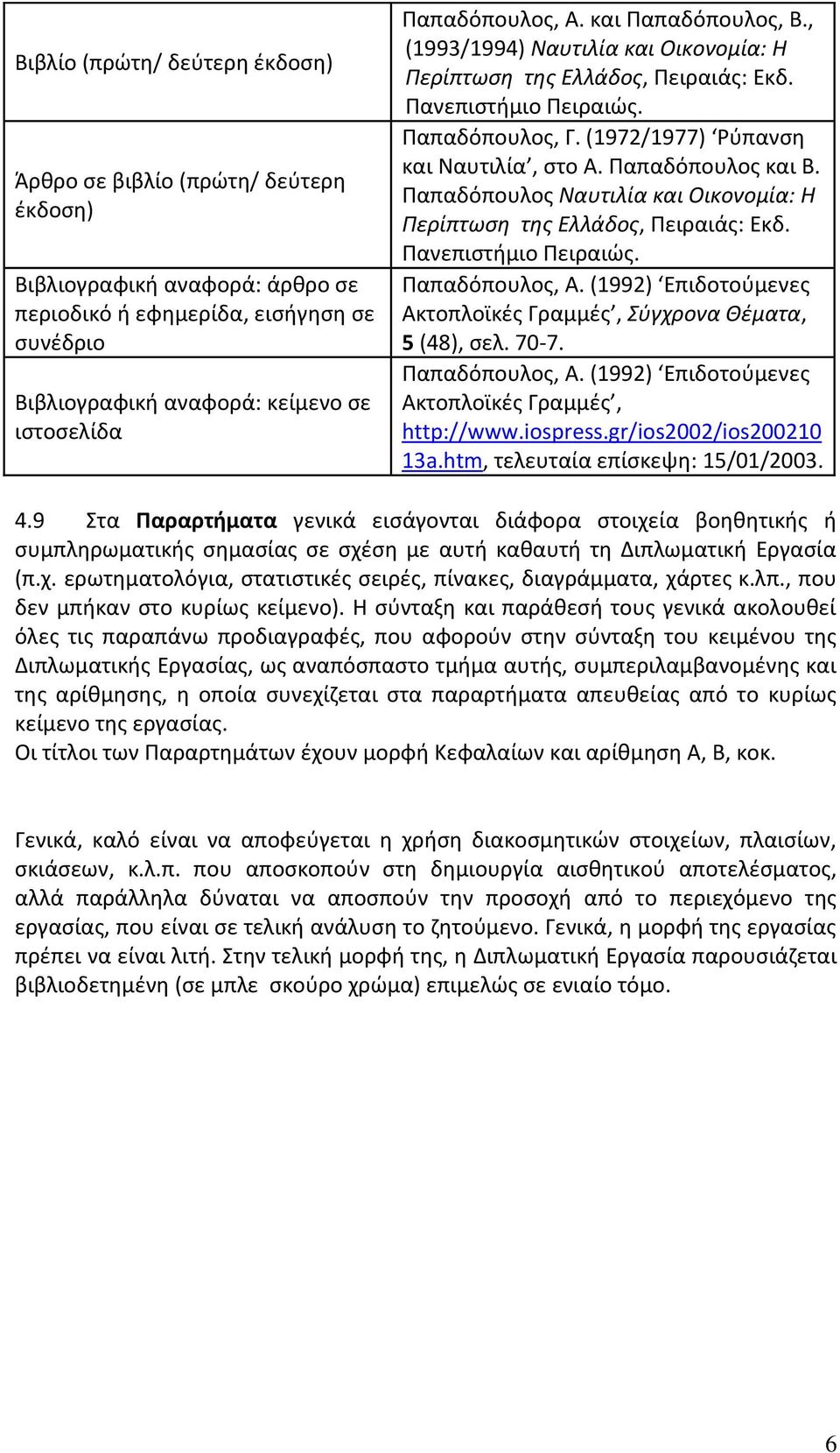 Παπαδόπουλος και Β. Παπαδόπουλος Ναυτιλία και Οικονομία: Η Περίπτωση της Ελλάδος, Πειραιάς: Εκδ. Πανεπιστήμιο Πειραιώς. Παπαδόπουλος, Α.