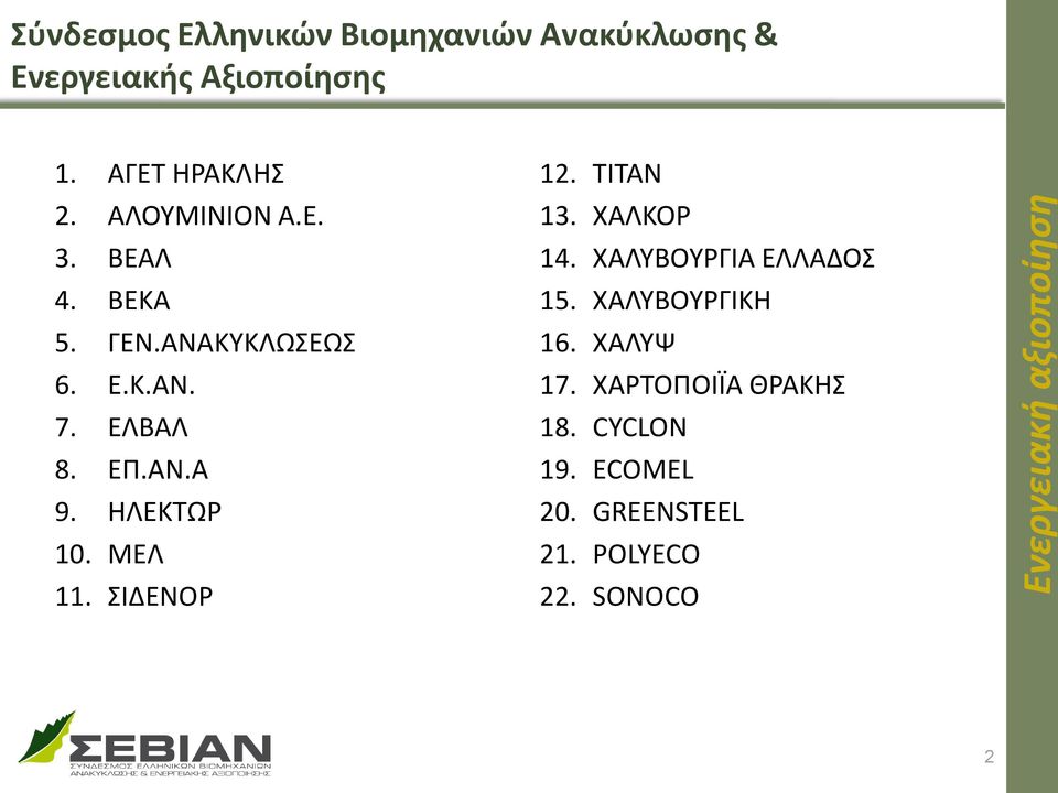 ΑΝ.Α 9. ΗΛΕΚΤΩΡ 10. ΜΕΛ 11. ΣΙΔΕΝΟΡ 12. ΤΙΤΑΝ 13. ΧΑΛΚΟΡ 14. ΧΑΛΥΒΟΥΡΓΙΑ ΕΛΛΑΔΟΣ 15.
