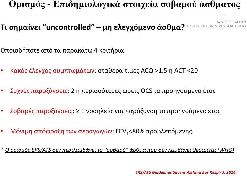 5 ή ACT <20 Συχνές παροξύνσεις: 2 ή περισσότερες ώσεις OCS το προηγούμενο έτος Σοβαρές παροξύνσεις: 1 νοσηλεία για παρόξυνση το