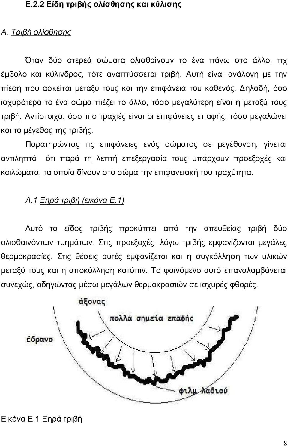 Αντίστοιχα, όσο πιο τραχιές είναι οι επιφάνειες επαφής, τόσο μεγαλώνει και το μέγεθος της τριβής.