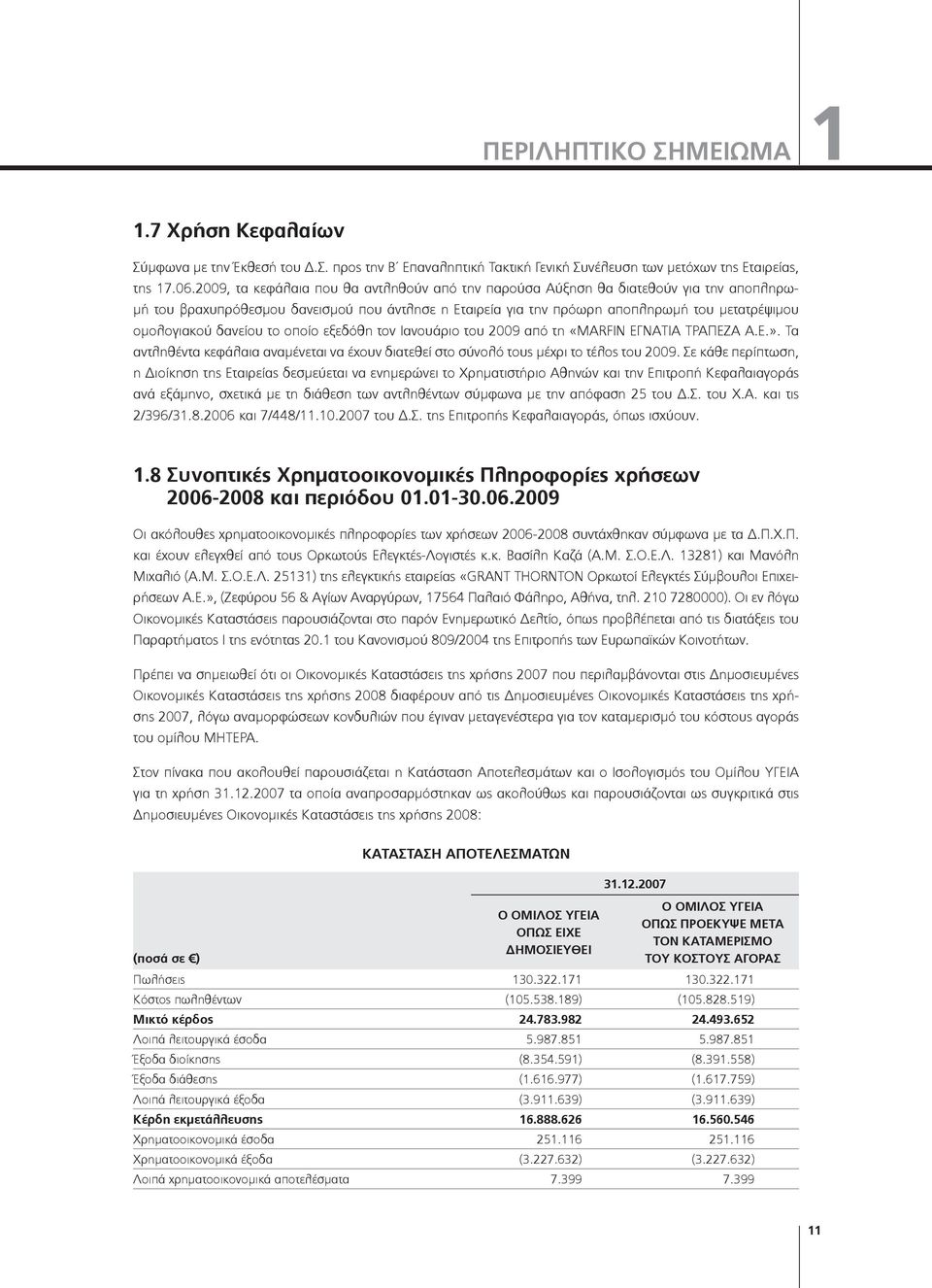 δανείου το οποίο εξεδόθη τον Ιανουάριο του 2009 από τη «MARFIN ΕΓΝΑΤΙΑ ΤΡΑΠΕΖΑ Α.Ε.». Τα αντληθέντα κεφάλαια αναμένεται να έχουν διατεθεί στο σύνολό τους μέχρι το τέλος του 2009.