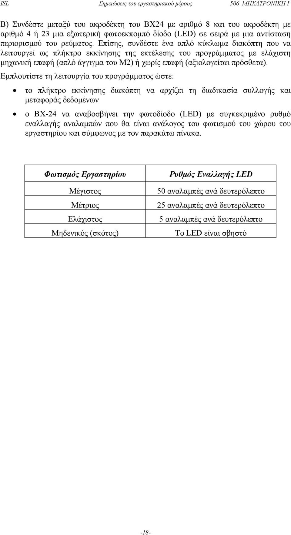 Εμπλουτίστε τη λειτουργία του προγράμματος ώστε: το πλήκτρο εκκίνησης διακόπτη να αρχίζει τη διαδικασία συλλογής και μεταφοράς δεδομένων ο ΒΧ-24 να αναβοσβήνει την φωτοδίοδο (LED) με συγκεκριμένο