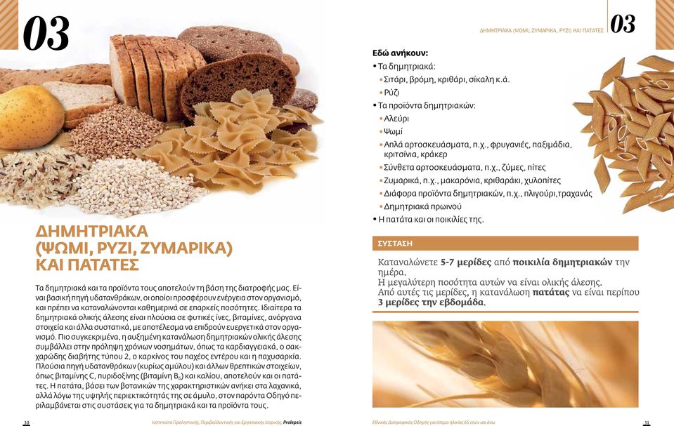 , ζύμες, πίτες n Ζυμαρικά, π.χ., μακαρόνια, κριθαράκι, χυλοπίτες n Διάφορα προϊόντα δημητριακών, π.χ., πλιγούρι,τραχανάς n Δημητριακά πρωινού ΔΗΜΗΤΡΙΑΚΑ (ΨΩΜΙ, ΡΥΖΙ, ΖΥΜΑΡΙΚΑ) ΚΑΙ ΠΑΤΑΤΕΣ Τα δημητριακά και τα προϊόντα τους αποτελούν τη βάση της διατροφής μας.