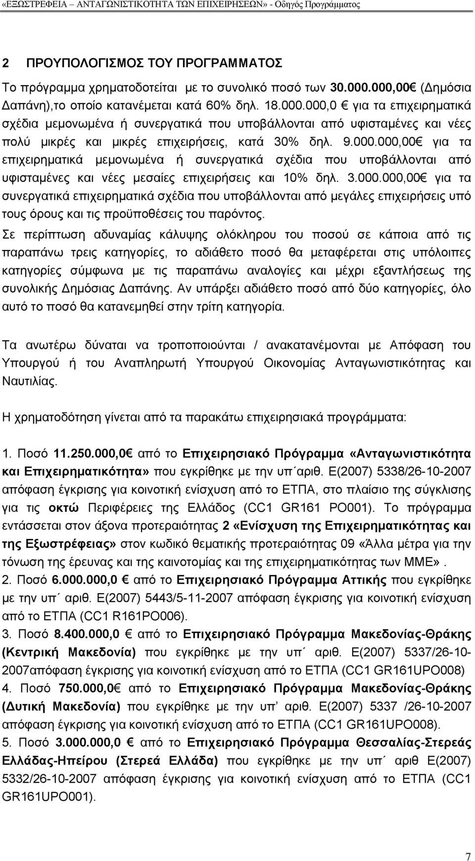 9.000.000,00 γηα ηα επηρεηξεκαηηθά κεκνλσκέλα ή ζπλεξγαηηθά ζρέδηα πνπ ππνβάιινληαη απφ πθηζηακέλεο θαη λέεο κεζαίεο επηρεηξήζεηο θαη 10% δει. 3.000.000,00 γηα ηα ζπλεξγαηηθά επηρεηξεκαηηθά ζρέδηα πνπ ππνβάιινληαη απφ κεγάιεο επηρεηξήζεηο ππφ ηνπο φξνπο θαη ηηο πξνυπνζέζεηο ηνπ παξφληνο.