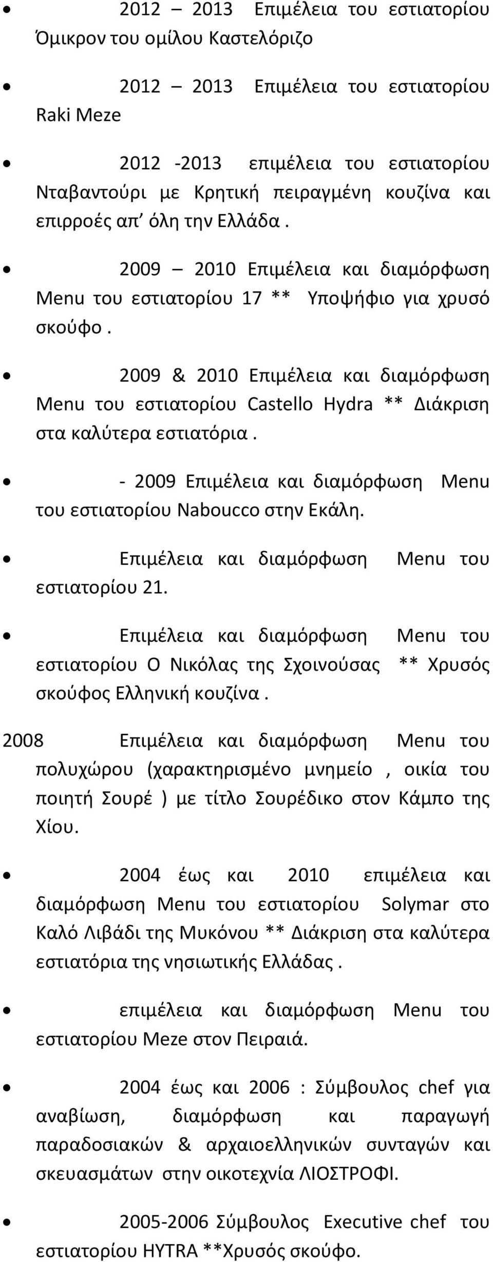 2009 & 2010 Επιμέλεια και διαμόρφωση Menu του εστιατορίου Castello Hydra ** Διάκριση στα καλύτερα εστιατόρια. - 2009 Επιμέλεια και διαμόρφωση Menu του εστιατορίου Naboucco στην Εκάλη.