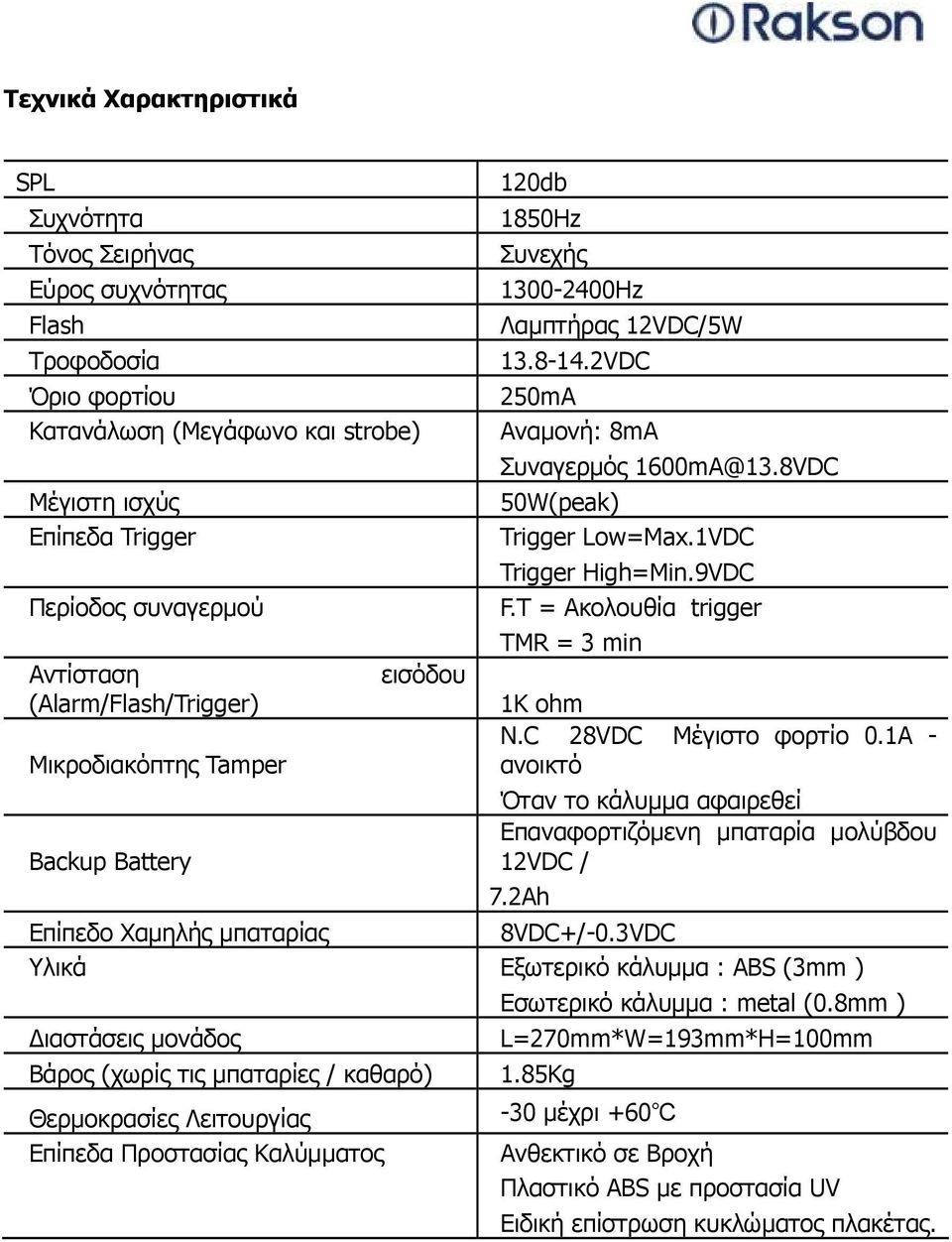 9VDC Περίοδος συναγερμού F.T = Ακολουθία trigger TMR = 3 min Αντίσταση εισόδου (Alarm/Flash/Trigger) 1K ohm N.C 28VDC Μέγιστο φορτίο 0.