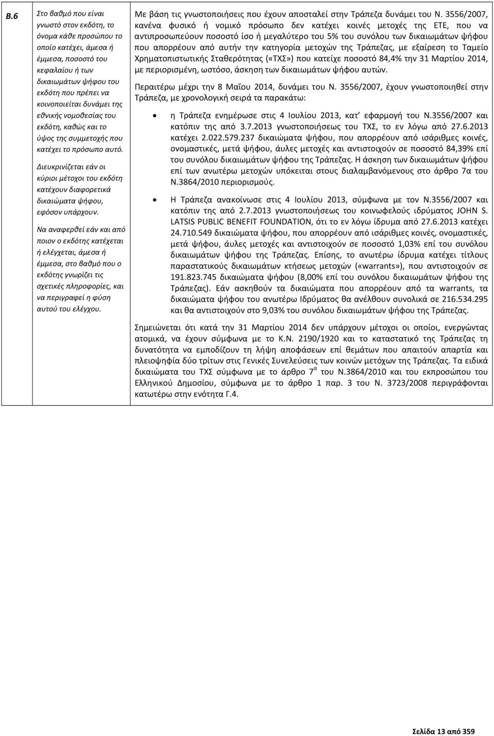 Να αναφερθεί εάν και από ποιον ο εκδότης κατέχεται ή ελέγχεται, άμεσα ή έμμεσα, στο βαθμό που ο εκδότης γνωρίζει τις σχετικές πληροφορίες, και να περιγραφεί η φύση αυτού του ελέγχου.