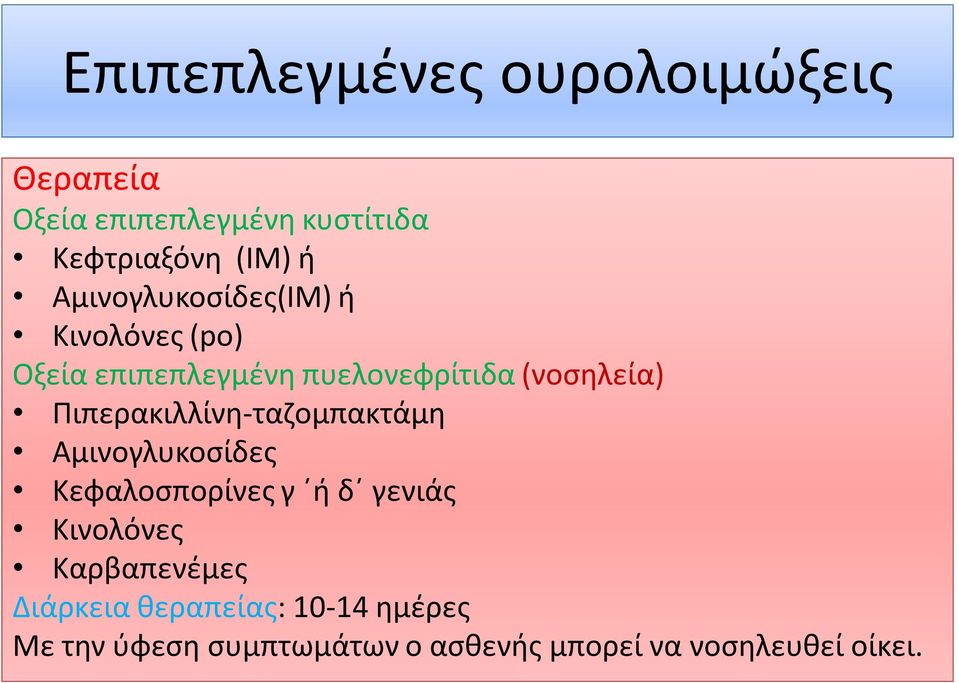 Πιπερακιλλίνη-ταζομπακτάμη Αμινογλυκοσίδες Κεφαλοσπορίνες γ ή δ γενιάς Κινολόνες