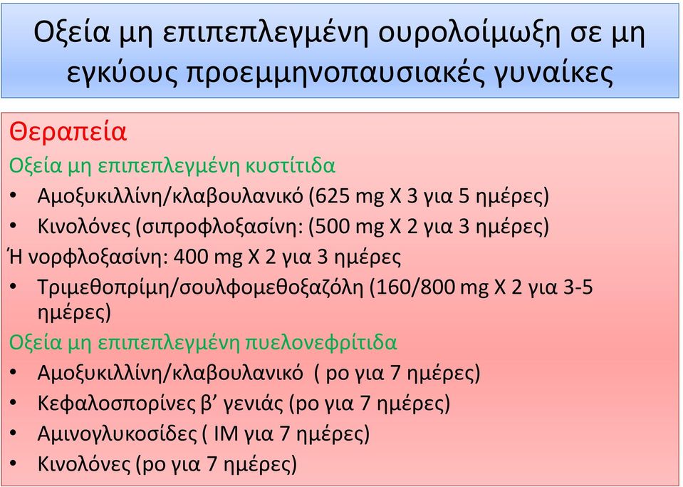 Χ 2 για 3 ημέρες Τριμεθοπρίμη/σουλφομεθοξαζόλη (160/800 mg Χ 2 για 3-5 ημέρες) Οξεία μη επιπεπλεγμένη πυελονεφρίτιδα