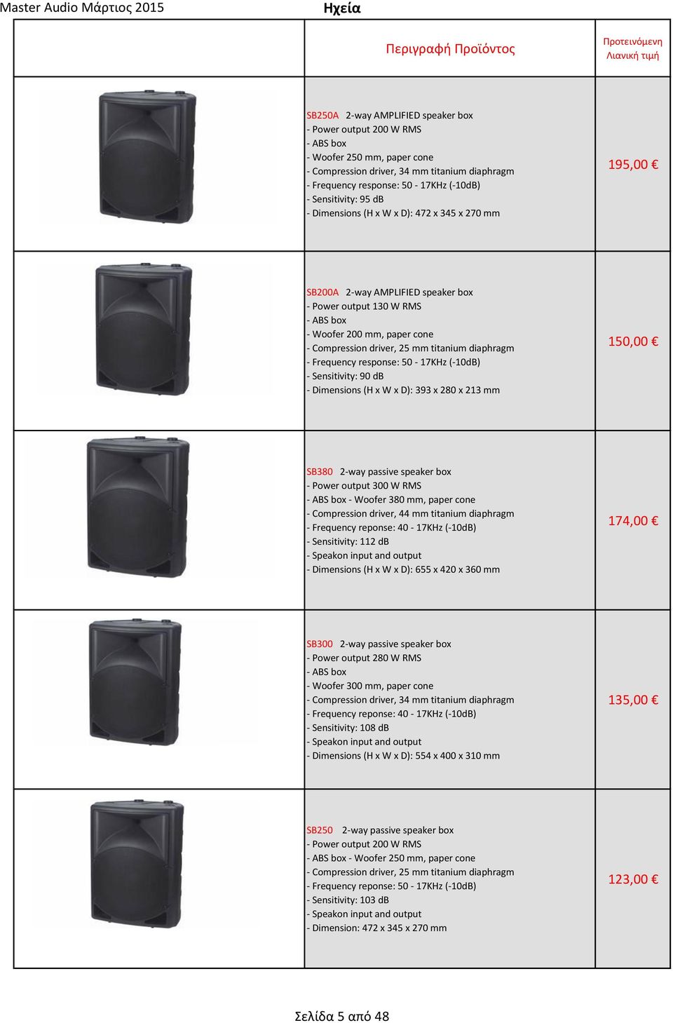 titanium diaphragm - Frequency response: 50-17KHz (-10dB) - Sensitivity: 90 db - Dimensions (H x W x D): 393 x 280 x 213 mm 150,00 SB380 2-way passive speaker box - Power output 300 W RMS - ABS box -