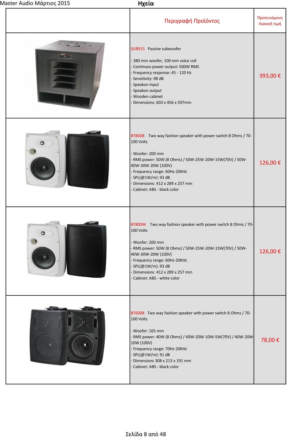 40W-30W-20W (100V) - Frequency range: 60Hz-20KHz - SPL(@1W/m): 93 db - Dimensions: 412 x 289 x 257 mm - Cabinet: ABS - black color 126,00 BT800W Two way fashion speaker with power switch 8 Ohms /