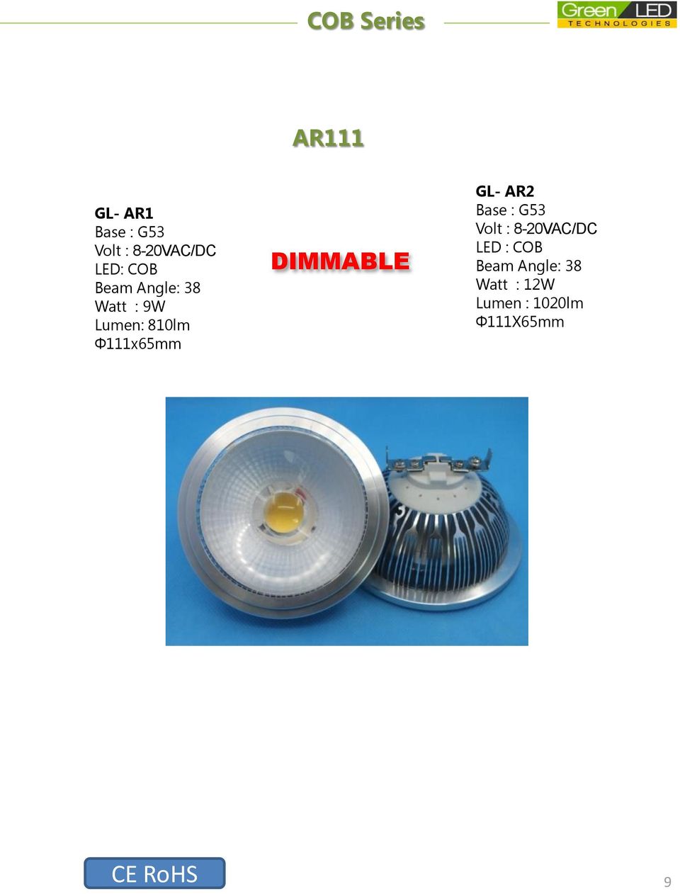 DIMMABLE GL- AR2 Base : G53 Volt : 8-20VAC/DC LED : COB