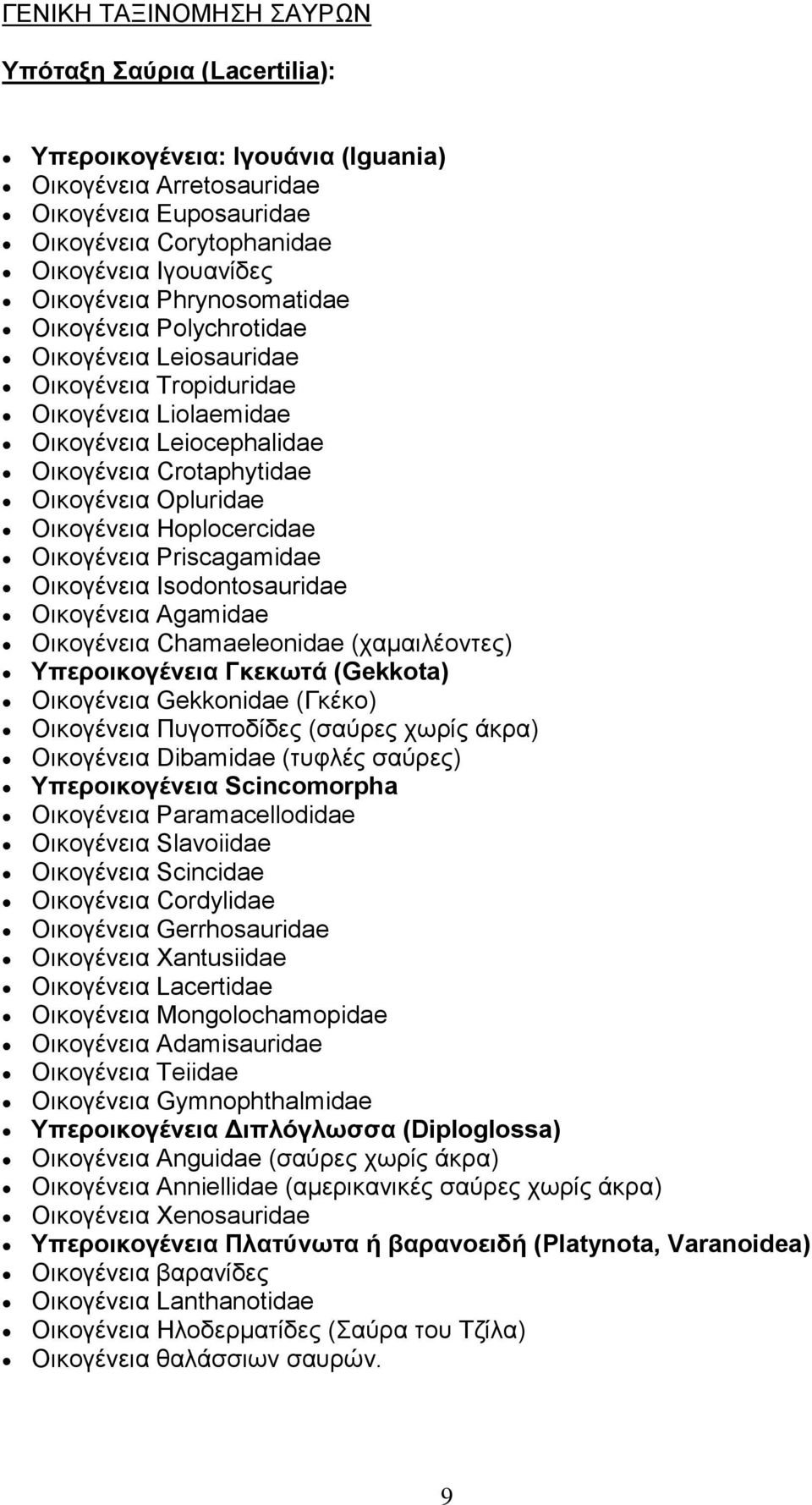Hoplocercidae Οικογένεια Priscagamidae Οικογένεια Isodontosauridae Οικογένεια Agamidae Οικογένεια Chamaeleonidae (χαμαιλέοντες) Υπεροικογένεια Γκεκωτά (Gekkota) Οικογένεια Gekkonidae (Γκέκο)
