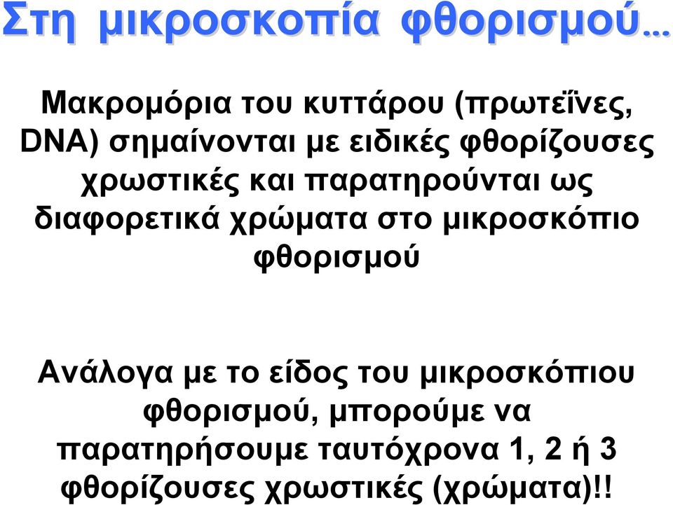 διαφορετικά χρώματα στο μικροσκόπιο φθορισμού Ανάλογα με το είδος του