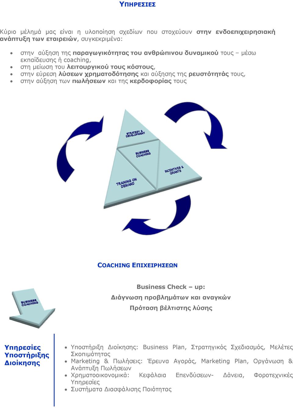 τους COACHING ΕΠΙΧΕΙΡΗΣΕΩΝ Business Check up: Διάγνωση προβλημάτων και αναγκών Πρόταση βέλτιστης λύσης Υποστήριξης Διοίκησης Υποστήριξη Διοίκησης: Business Plan, Στρατηγικός Σχεδιασμός,