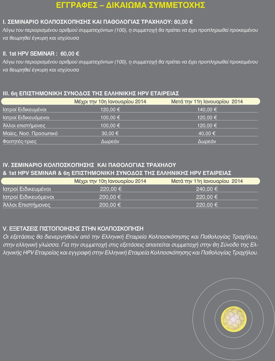 1st HPV SEMINAR : 60,00 Λόγω του περιορισμένου αριθμού συμμετεχόντων (100), η συμμετοχή θα πρέπει να έχει προπληρωθεί προκειμένου να θεωρηθεί έγκυρη και ισχύουσα III.