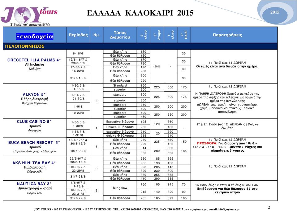 Παραλία Ανάληψης Μεσσηνία 18/729/8 AKS HINITSA BAY 4* Πόρτο Χέλι NAUTICA BAY 3* + κρασί Πόρτο Χέλι standard 300 superior 350 standard 350 superior 400 standard 400 superior 450 50% 30 30 30 30 225