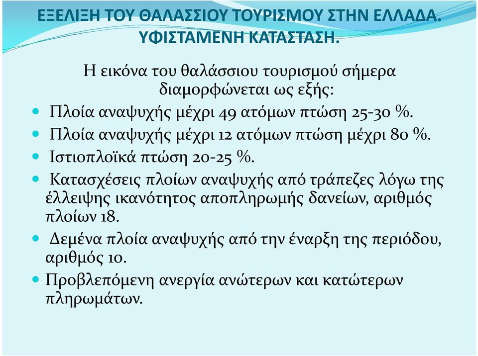 Πλοία αναψυχής μέχρι 12 ατόμων πτώση μέχρι 80 %. Ιστιοπλοϊκά πτώση 20-25 %.