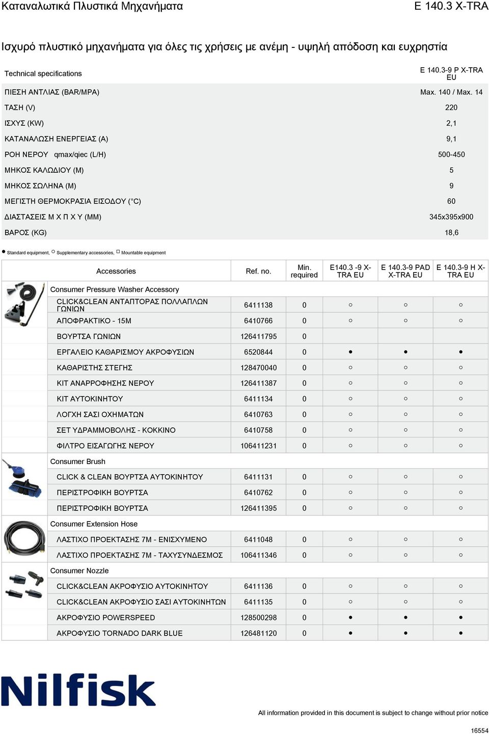 345x395x900 ΒΑΡΟΣ (KG) 18,6 Standard equipment, Supplementary accessories, Mountable equipment E140.3-9 X- E 140.3-9 PAD X- E 140.