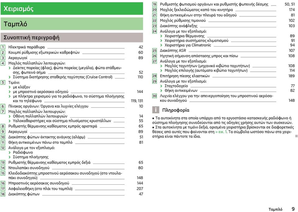 για το ραδιόφωνο, το σύστημα πλοήγησης 144 και το τηλέφωνο 119, 131 Πίνακας οργάνων: Όργανα και λυχνίες ελέγχου 10 Μοχλός πολλαπλών λειτουργιών: Οθόνη πολλαπλών λειτουργιών 14 Υαλοκαθαριστήρες και
