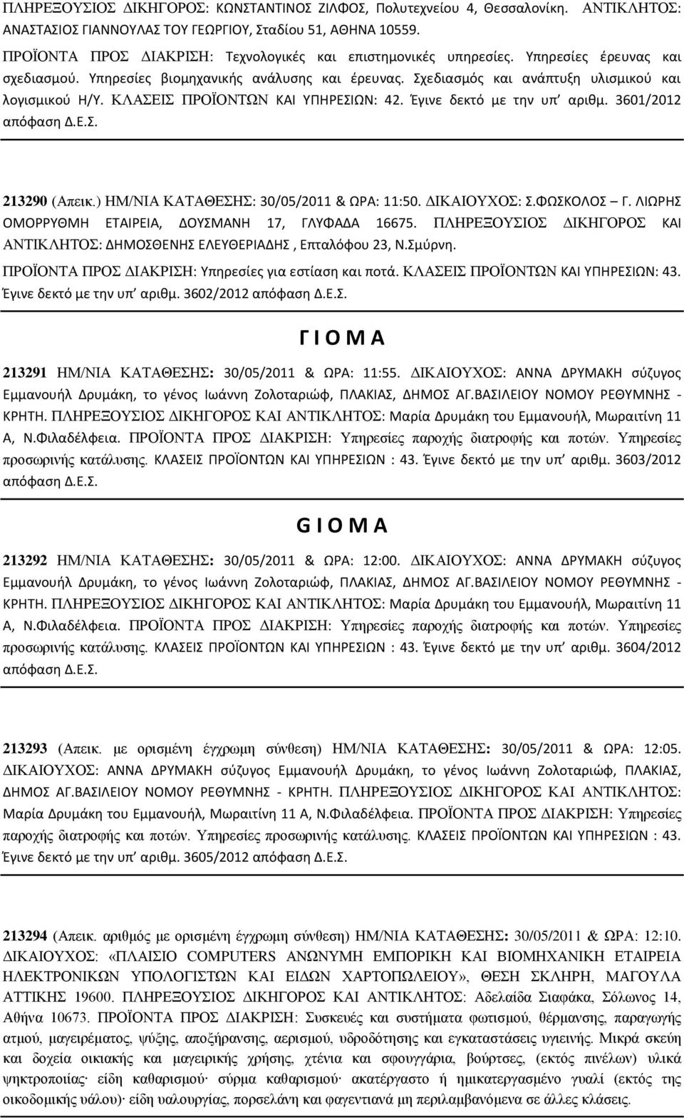 Σχεδιασμός και ανάπτυξη υλισμικού και λογισμικού Η/Υ. ΚΛΑΣΕΙΣ ΠΡΟΪΟΝΤΩΝ ΚΑΙ ΥΠΗΡΕΣΙΩΝ: 42. Έγινε δεκτό µε την υπ αριθµ. 3601/2012 απόφαση Δ.Ε.Σ. 213290 (Απεικ.