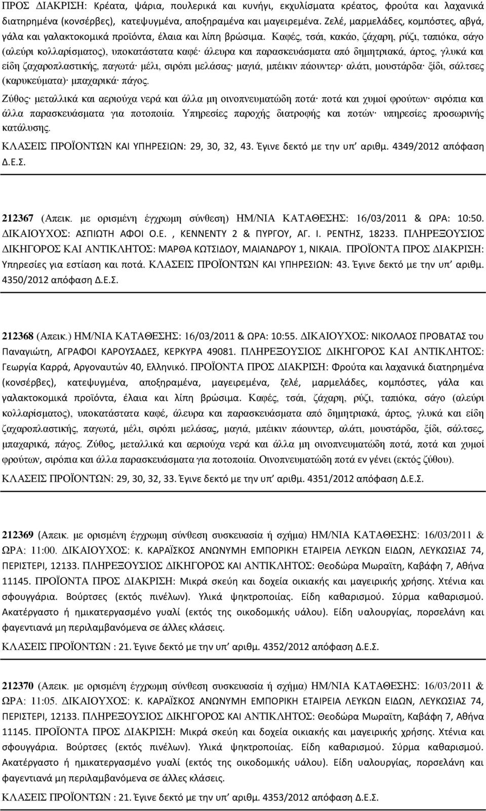 Καφές, τσάι, κακάο, ζάχαρη, ρύζι, ταπιόκα, σάγο (αλεύρι κολλαρίσματος), υποκατάστατα καφέ άλευρα και παρασκευάσματα από δημητριακά, άρτος, γλυκά και είδη ζαχαροπλαστικής, παγωτά μέλι, σιρόπι μελάσας