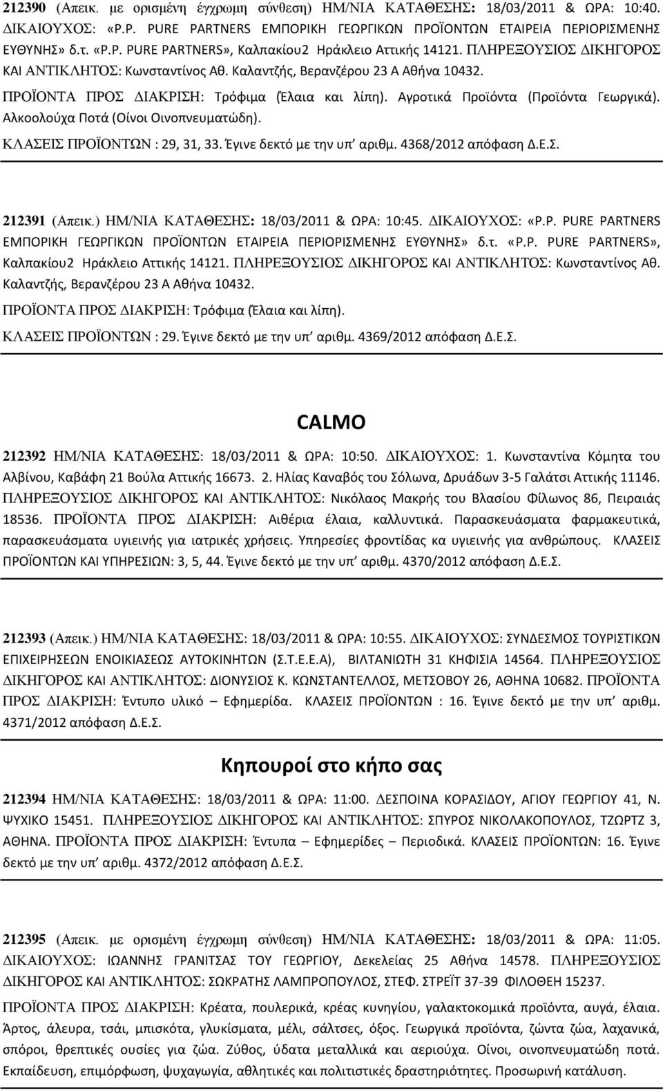 Αλκοολούχα Ποτά (Οίνοι Οινοπνευματώδη). ΚΛΑΣΕΙΣ ΠΡΟΪΟΝΤΩΝ : 29, 31, 33. Έγινε δεκτό µε την υπ αριθµ. 4368/2012 απόφαση Δ.Ε.Σ. 212391 (Απεικ.) ΗΜ/ΝΙΑ ΚΑΤΑΘΕΣΗΣ: 18/03/2011 & ΩΡΑ: 10:45. ΔΙΚΑΙΟΥΧΟΣ: «P.