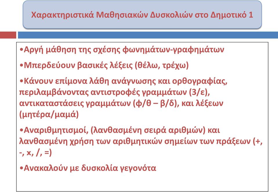 γραμμάτων (3/ε), αντικαταστάσεις γραμμάτων (φ/θ β/δ), και λέξεων (μητέρα/μαμά) Αναριθμητισμοί, (λανθασμένη