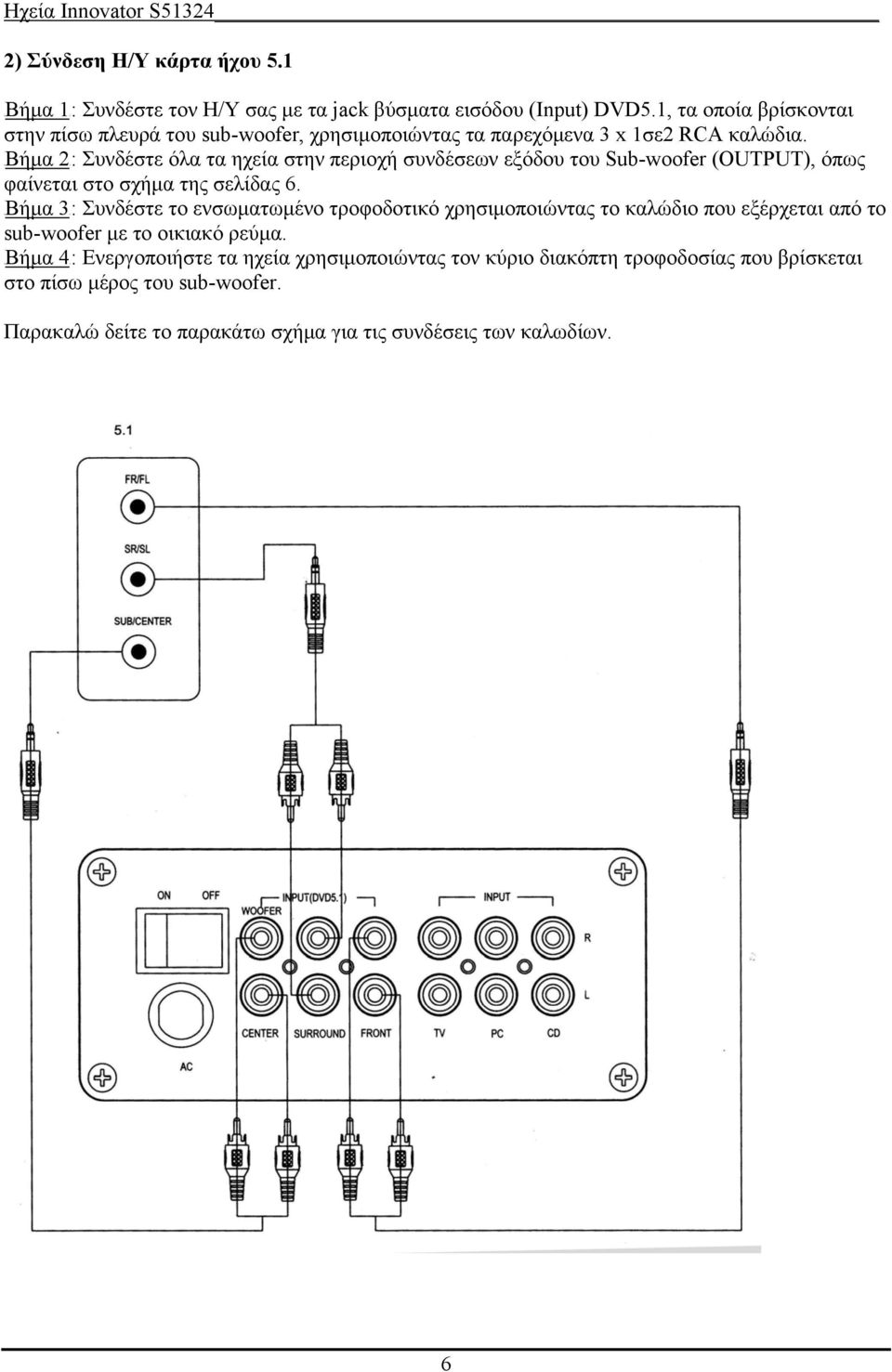 UΒήμα 2U: Συνδέστε όλα τα ηχεία στην περιοχή συνδέσεων εξόδου του Sub-woofer (OUTPUT), όπως φαίνεται στο σχήμα της σελίδας 6.