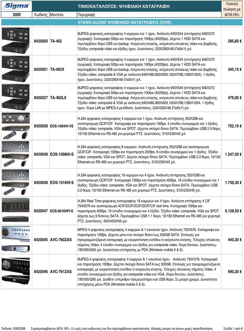 285,60 8420051 TA-462X 8420027 TA-462LX MJPEG ψηφιακός καταγραφέας 4 καμερών και 1 ήχου. Ανάλυση 640Χ544 (επιτήρηση) 640Χ272 (εγγραφή). Καταγραφή 50fps και παρατήρηση 100fps (4X25fps).