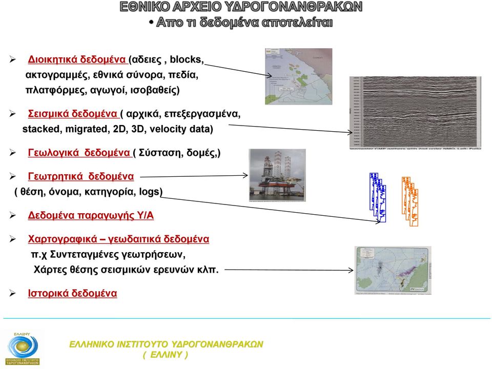 ( Σύσταση, δομές,) Γεωτρητικά δεδομένα ( θέση, όνομα, κατηγορία, logs) Δεδομένα παραγωγής Υ/Α