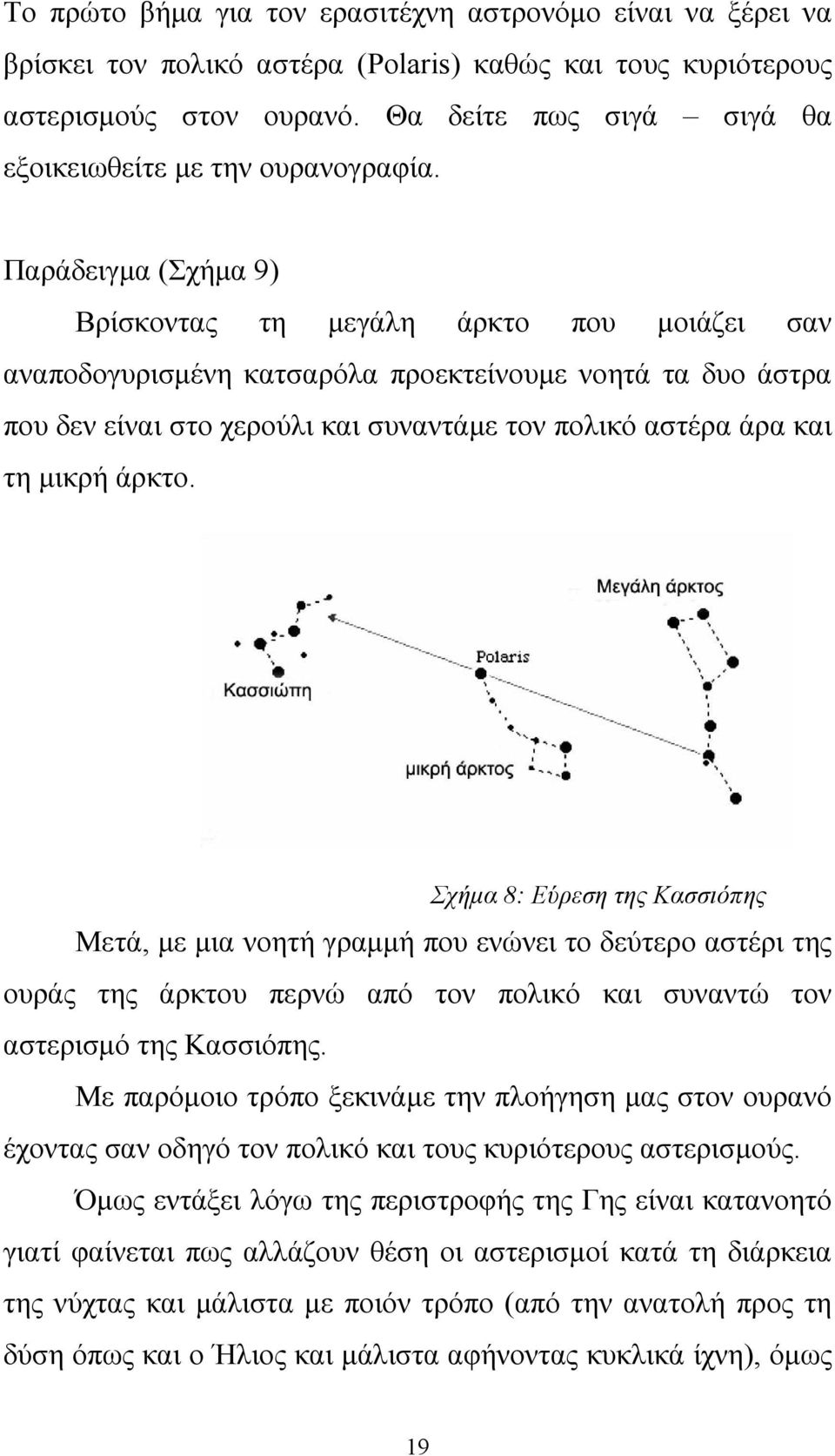 Παράδειγμα (Σχήμα 9) Βρίσκοντας τη μεγάλη άρκτο που μοιάζει σαν αναποδογυρισμένη κατσαρόλα προεκτείνουμε νοητά τα δυο άστρα που δεν είναι στο χερούλι και συναντάμε τον πολικό αστέρα άρα και τη μικρή