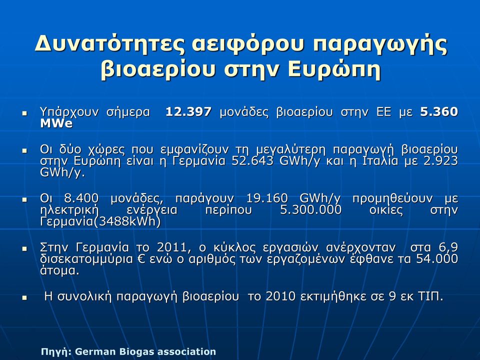 400 μονάδες, παράγουν 19.160 GWh/y προμηθεύουν με ηλεκτρική ενέργεια περίπου 5.300.