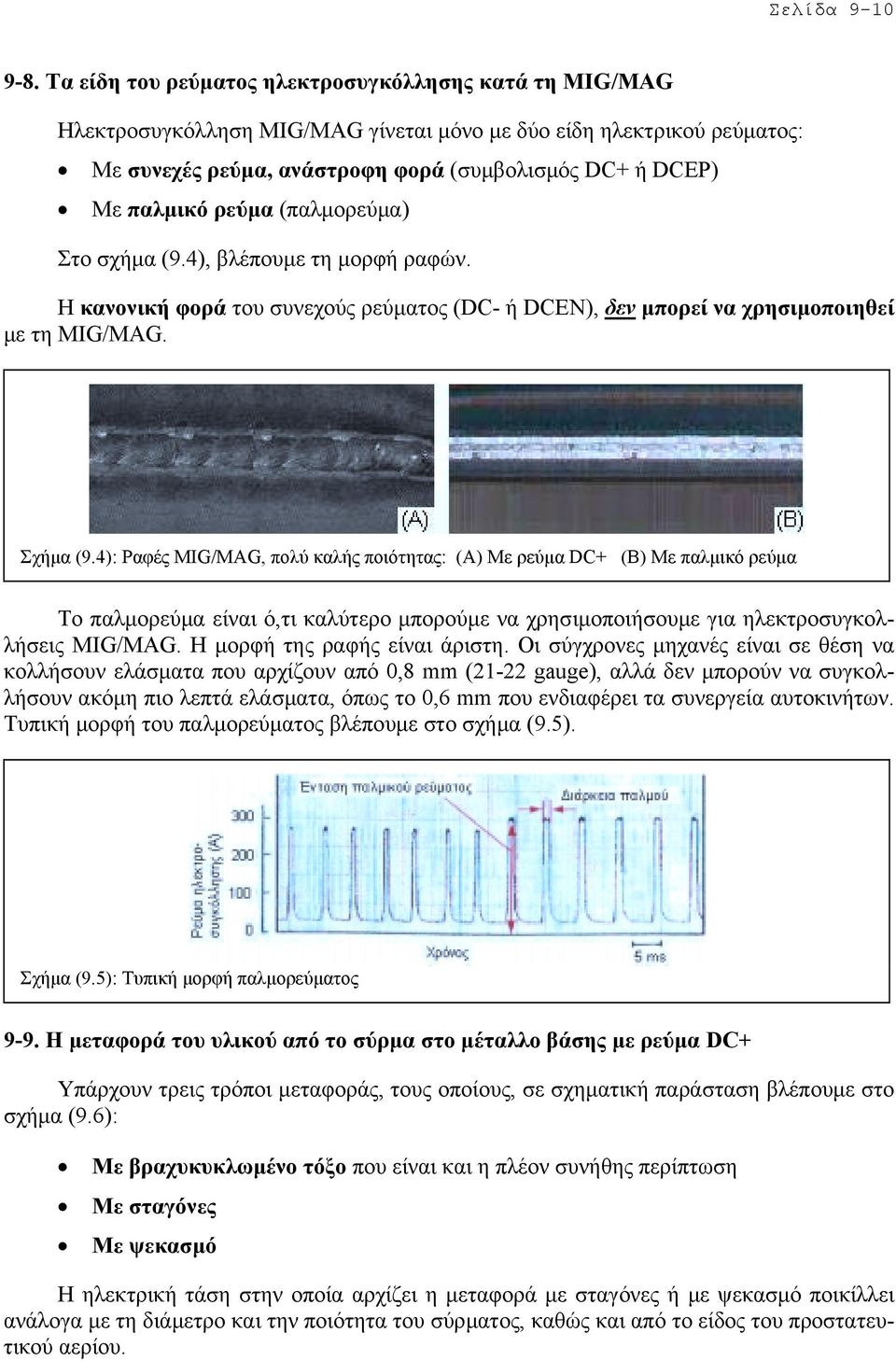 ρεύµα (παλµορεύµα) Στο σχήµα (9.4), βλέπουµε τη µορφή ραφών. Η κανονική φορά του συνεχούς ρεύµατος (DC- ή DCEN), δεν µπορεί να χρησιµοποιηθεί µε τη MIG/MAG. Σχήµα (9.