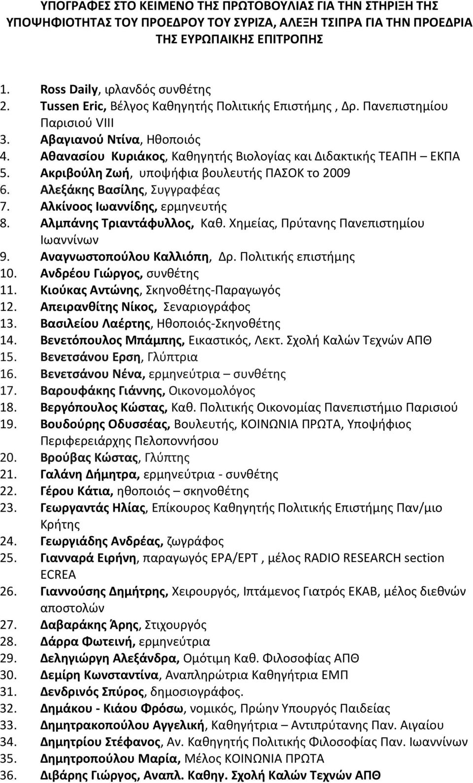 Ακριβούλη Ζωή, υποψήφια βουλευτής ΠΑΣΟΚ το 2009 6. Αλεξάκης Βασίλης, Συγγραφέας 7. Αλκίνοος Ιωαννίδης, ερμηνευτής 8. Αλμπάνης Τριαντάφυλλος, Καθ. Χημείας, Πρύτανης Πανεπιστημίου Ιωαννίνων 9.