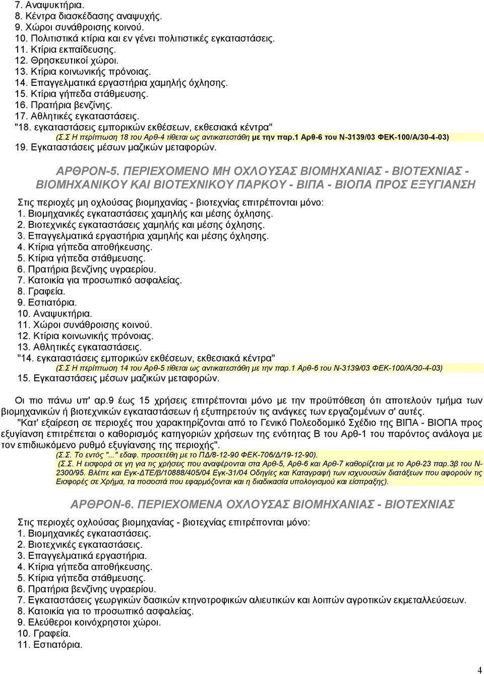 εγκαταστάσεις εµπορικών εκθέσεων, εκθεσιακά κέντρα" (Σ.Σ Η περίπτωση 18 του Αρθ-4 τίθεται ως αντικατεστάθη µε την παρ.1 Αρθ-6 του Ν-3139/03 ΦΕΚ-100/Α/30-4-03) 19.