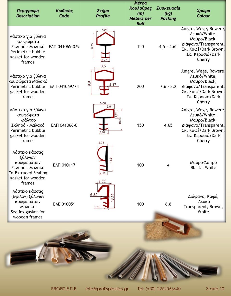 Κερασιά/Dark Λάστιχο για ξύλινα κουφώματα Perimetric bubble gasket for wooden frames Λάστιχο για ξύλινα κουφώματα φάλτσο Perimetric bubble gasket for wooden frames ΕΛΠ 041069/74 200 7,6-8,2 ΕΛΠ