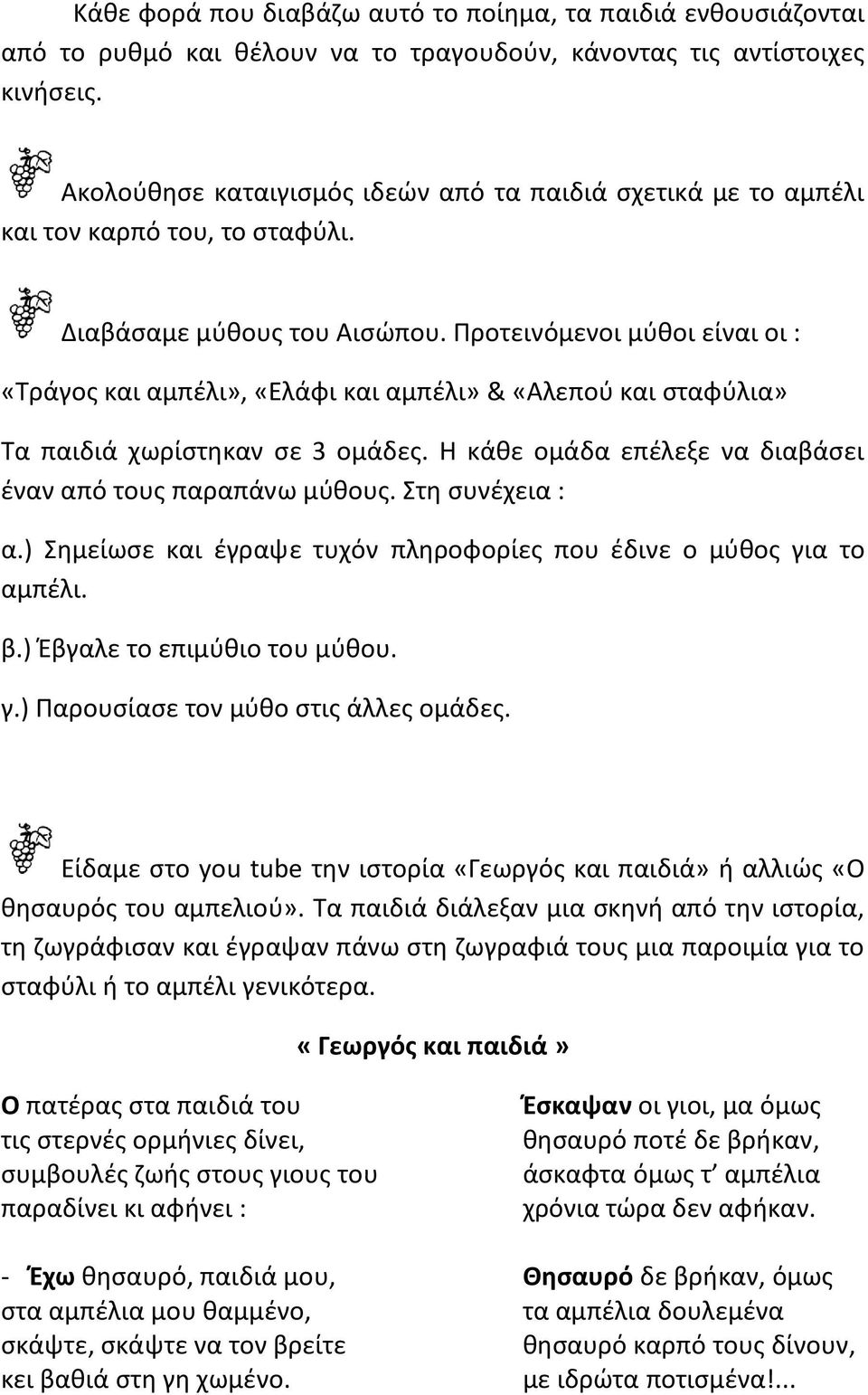 Προτεινόμενοι μύθοι είναι οι : «Τράγος και αμπέλι», «Ελάφι και αμπέλι» & «Αλεπού και σταφύλια» Τα παιδιά χωρίστηκαν σε 3 ομάδες. Η κάθε ομάδα επέλεξε να διαβάσει έναν από τους παραπάνω μύθους.