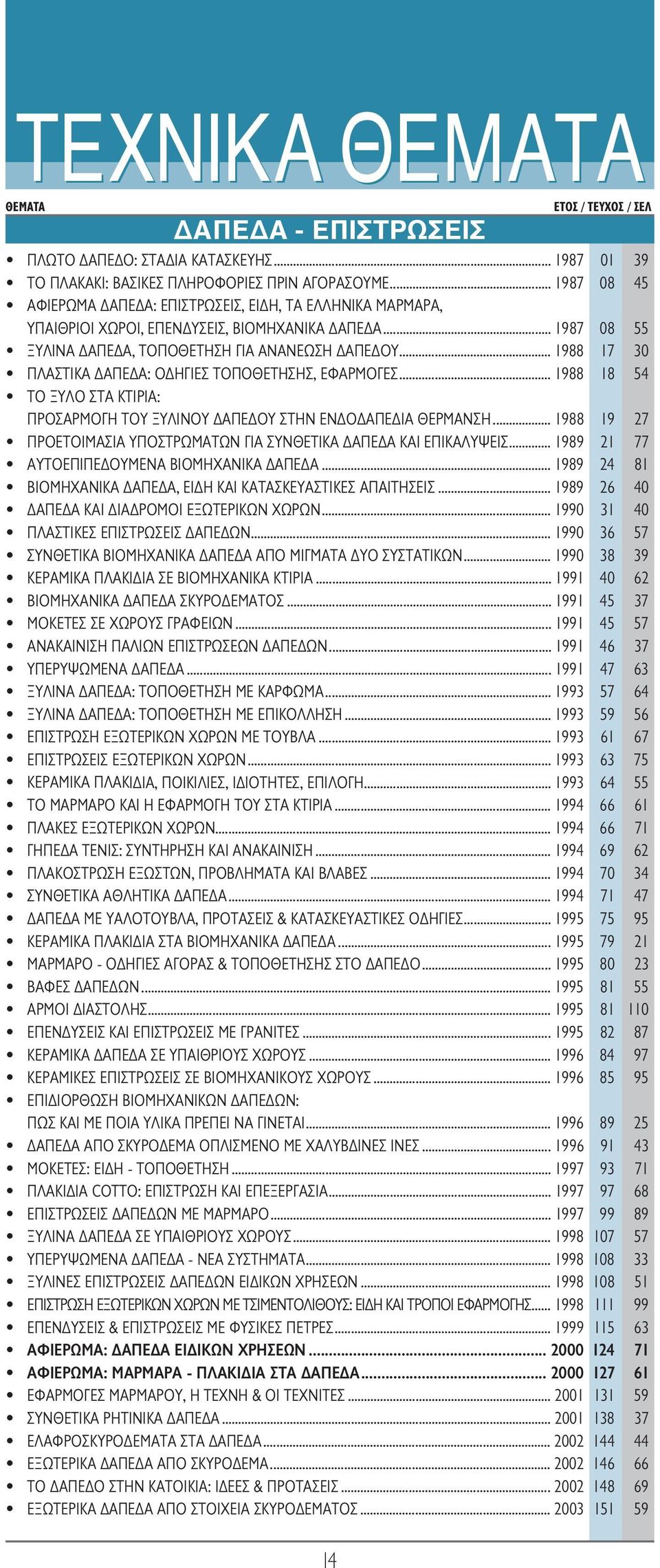 .. 1988 17 30 ΠΛAΣTIKA ΔAΠEΔA: OΔHΓIEΣ TOΠOΘETHΣHΣ, EΦAPMOΓEΣ... 1988 18 54 TO ΞYΛO ΣTA KTIPIA: ΠPOΣAPMOΓH TOY ΞYΛINOY ΔAΠEΔOY ΣTHN ENΔOΔAΠEΔIA ΘEPMANΣH.