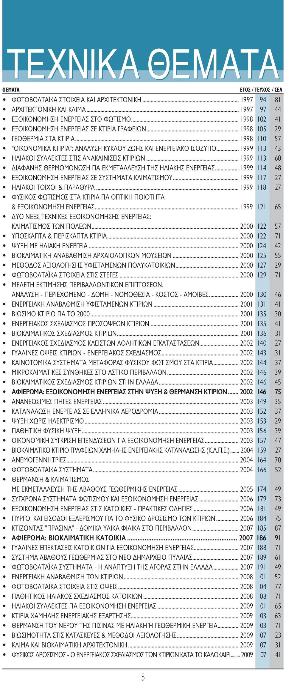 .. 1999 113 60 ΔIAΦANHΣ ΘEPMOMONΩΣH ΓIA EKMETAΛΛEYΣH THΣ HΛIAKHΣ ENEPΓEIAΣ... 1999 114 48 EΞOIKONOMHΣH ENEPΓEIAΣ ΣE ΣYΣTHMATA KΛIMATIΣMOY... 1999 117 27 HΛIAKOI TOIXOI & ΠAPAΘYPA.