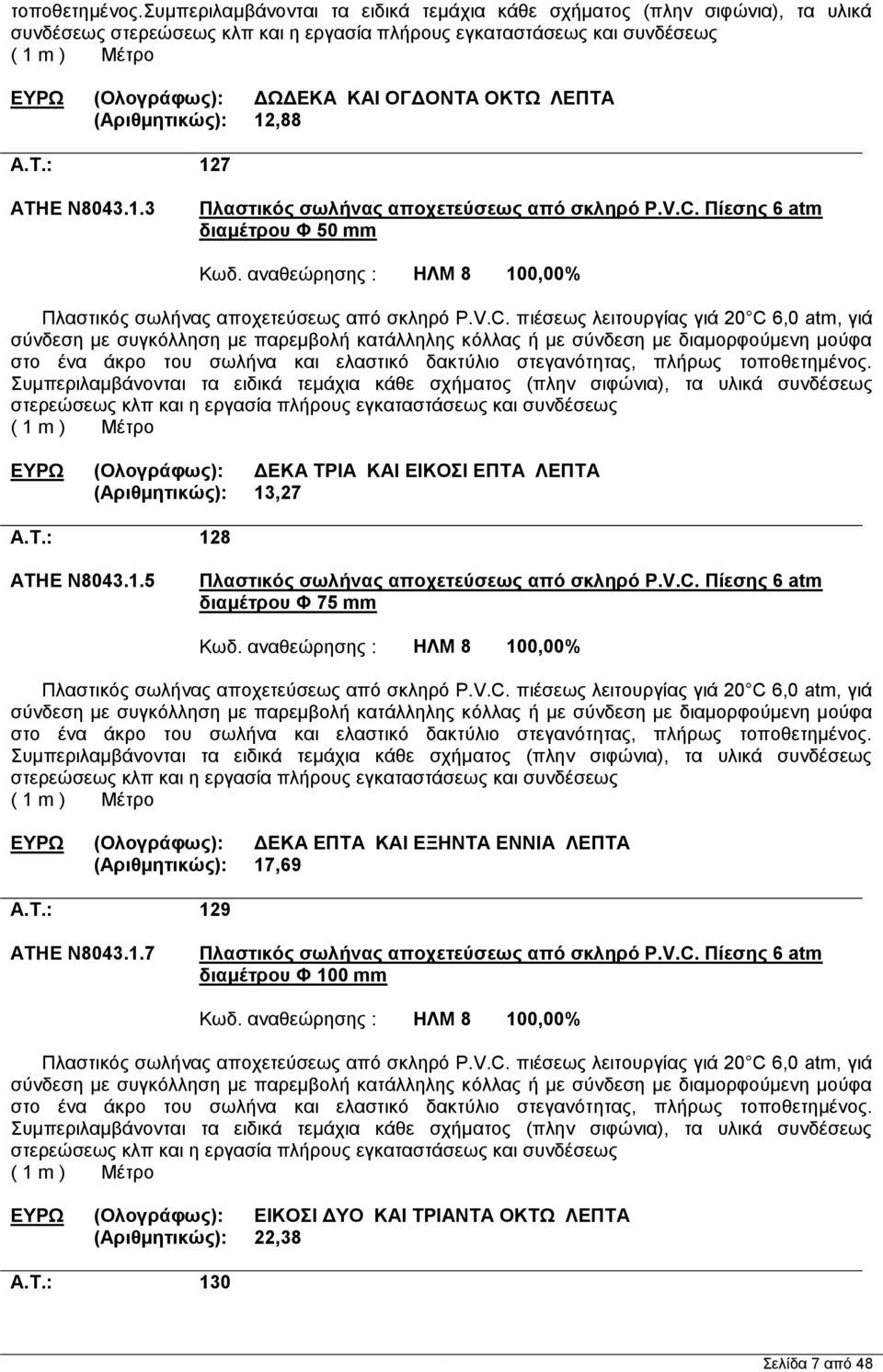 (Αριθμητικώς): 12,88 A.T.: 127 ΑΤΗΕ Ν8043.1.3 Πλαστικός σωλήνας αποχετεύσεως από σκληρό P.V.C. Πίεσης 6 atm διαμέτρου Φ 50 mm Κωδ.