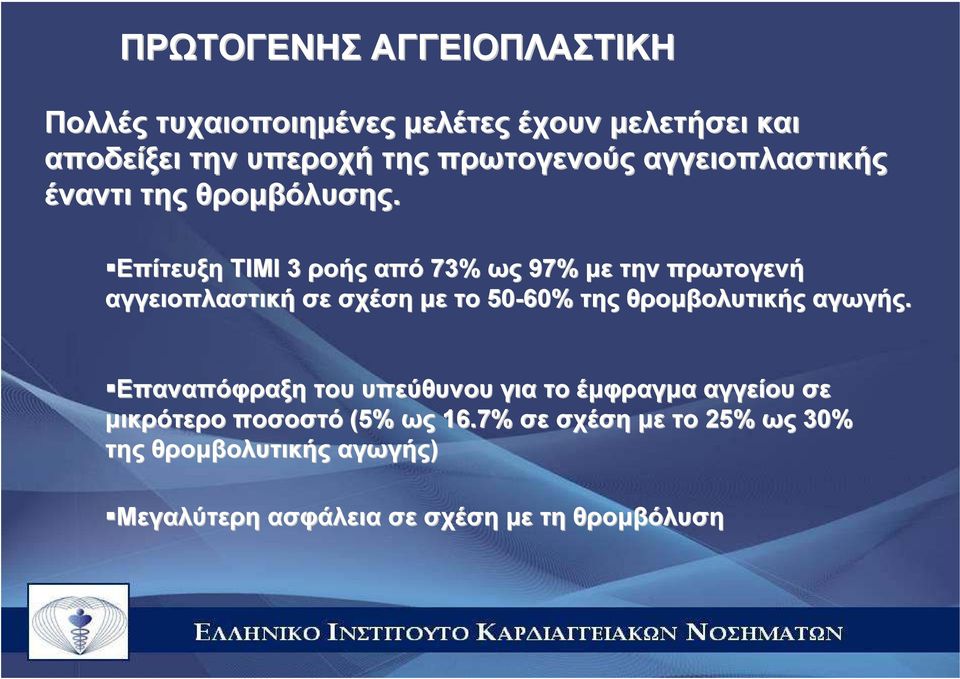 Επίτευξη ΤΙΜΙ 3 ροής από 73% ως 97% µε την πρωτογενή αγγειοπλαστική σε σχέση µε το 50-60% της θροµβολυτικής