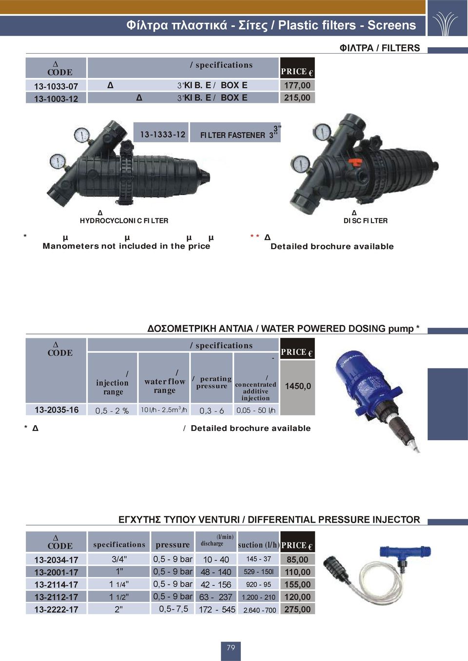 ΙΣΚΩΝ DISC FILTER ιατίθεται αναλυτικό προσπέκτους Detailed brochure available δόση έγχυσης/ injection range 1-20-16 0, - 2 % ΟΣΟΜΕΤΡΙΚΗ ΑΝΤΛΙΑ / WATER POWERED DOSING pump * / νερού/ water flow range