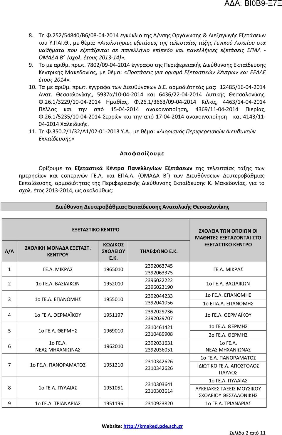 Το με αριθμ. πρωτ. 7802/09-04-2014 έγγραφο της Περιφερειακής Διεύθυνσης Εκπαίδευσης Κεντρικής Μακεδονίας, με θέμα: «Προτάσεις για ορισμό Εξεταστικών Κέντρων και ΕΕΔΔΕ έτους 2014». 10. Τα με αριθμ.