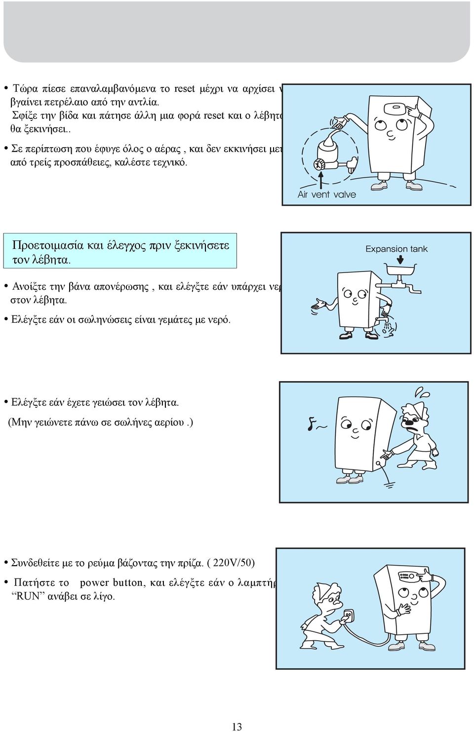 Air vent valve Προετοιµασία και έλεγχος πριν ξεκινήσετε τον λέβητα. Ανοίξτε την βάνα απονέρωσης, και ελέγξτε εάν υπάρχει νερό στον λέβητα.